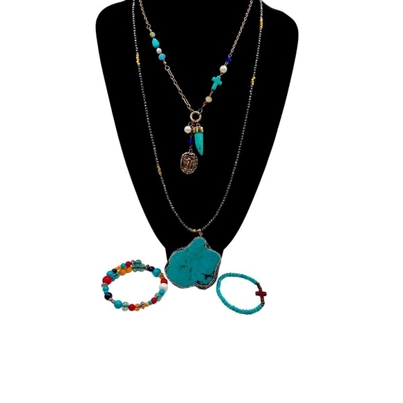 Boho Chic Faux Turquoise Statement Necklace & Bracelet Set - Picture 1 of 9
